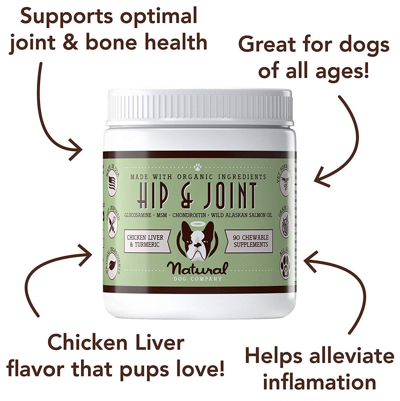 Natural Dog Company - Hip & Joint Supplement with Glucosamine, Chondroitin and Salmon Oil, Promotes Mobility and Joint Pain, Chicken Liver & Turmeric Flavor, 90 Chews - PawsPlanet Australia