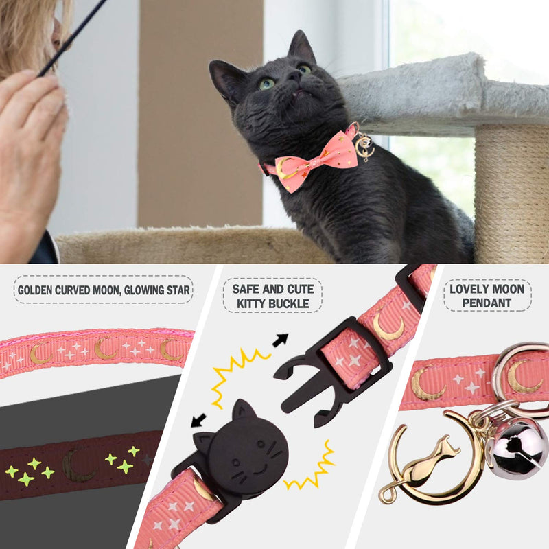 2 PCS Breakaway Cat Collar with Bow Tie and Bell Golden Moon Glowing Star in The Dark for Kitten Black & Pink - PawsPlanet Australia