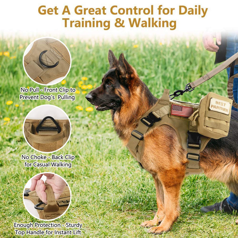 [Australia] - rabbitgoo Tactical Dog Harness and Bungee Dog Leash Set for Large Medium Dogs, MOLLE Vest for Service & Training Military Dogs Adjustable Training Hunting Dog Tactical Vest with Handles & Metal Buckle M: Neck (16.4-28.5"). Chest (25.4-36.0”) Tan 