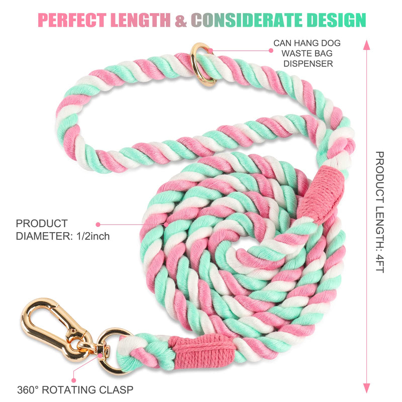 NUGUTIC 4 FT Dog Leash Handmade Braided Rope Comfortable Dog Leashes for Small Medium and Large Dogs, Clasp Update 4 Feet Standard Cherry Blossom Pink - PawsPlanet Australia