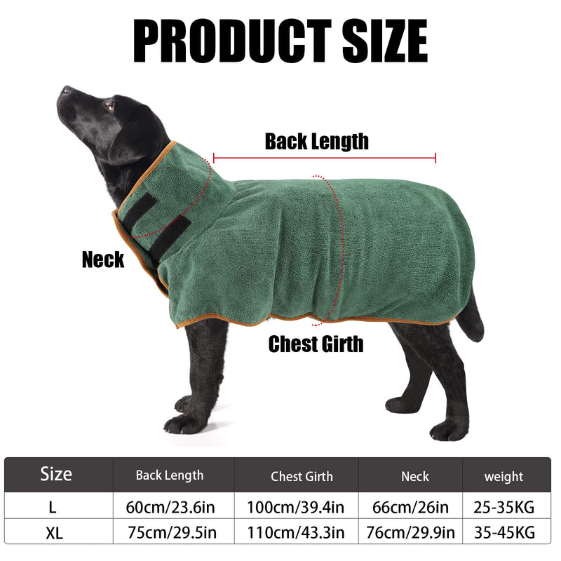 Jodsen Dog Drying Coat,Pet Towelling Robe,Fast Drying Super Moisture Absorbent Dog Bathrobe Microfibre Towel,Adjustable Collar and Waist Dog Towel for Large,Medium Dogs Green L - PawsPlanet Australia