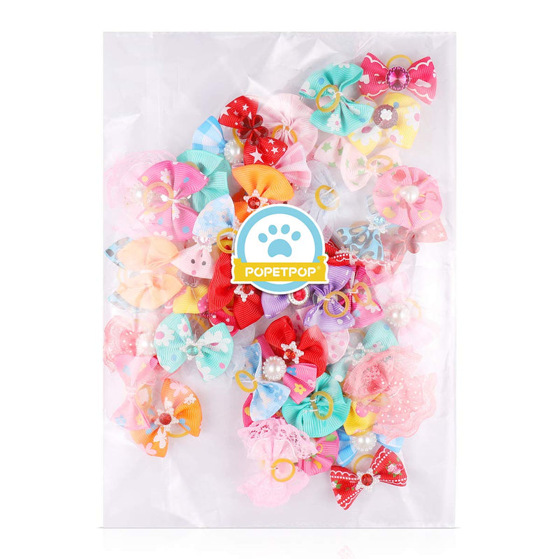 POPETPOP 50pcs Dog Bows with Rubber Bands-Pet Cat Dog Hair Bows Multicolor Rhinestone Beads Flowers Topknot Puppy Bows(Mixed Color) - PawsPlanet Australia
