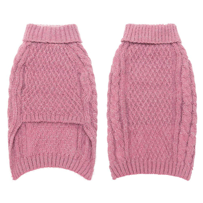 SCIROKKO Turtleneck Dog Sweater - Classic Cable Knit Winter Coat - Feather Yarn Glittered with Silver Wire - Keep Warm for Doggies Puppy XS - neck 9-10", chest 15-16" Pink - PawsPlanet Australia