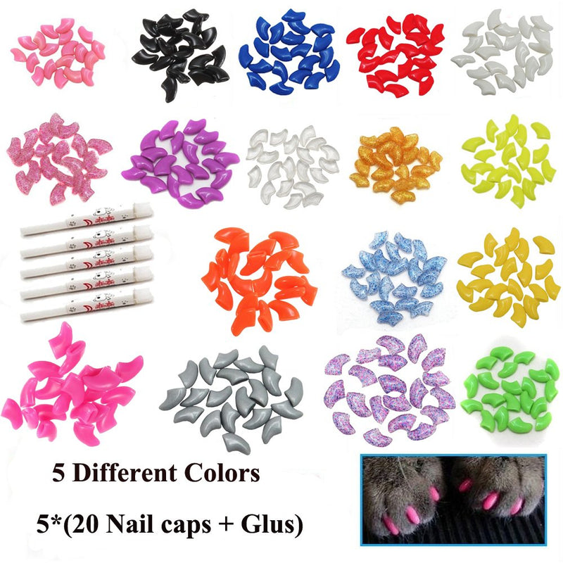 VICTHY 100 PCS Soft Pet Cat Nail Caps Cats Paws Grooming Nail Claws Caps Covers of 5 Random 5Pcs Adhesive Glue with 5pcs Applicators Kitten - PawsPlanet Australia