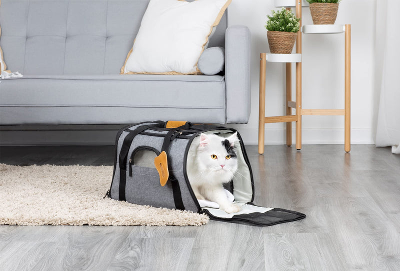 Petlicity Pet Carrier Linen Effect Folding Bag With Top And Side Opening, Removable Mat, Pet Dog Cat Puppy Transport, Breathable Mesh, Polar Fleece, Faux Leather with shoulder Strap (M (up to 17lb)) M (up to 17lb) - PawsPlanet Australia