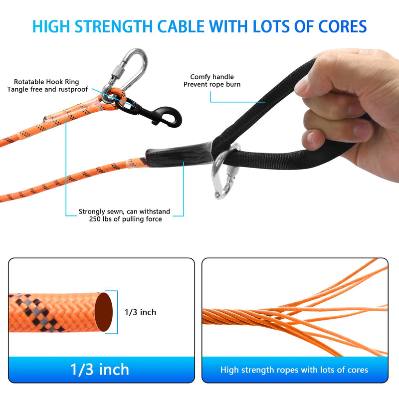 LOQATIDIS 3 in 1 Dog Tie Out Cable, 15m 30m Portable Overhead Trolley System, Reflective Dog Leash for Yard Camping Parks Training Running Hiking Outdoor, with Large Capacity Shoulder Bag System 30m+3m for One Dog / Orange - PawsPlanet Australia