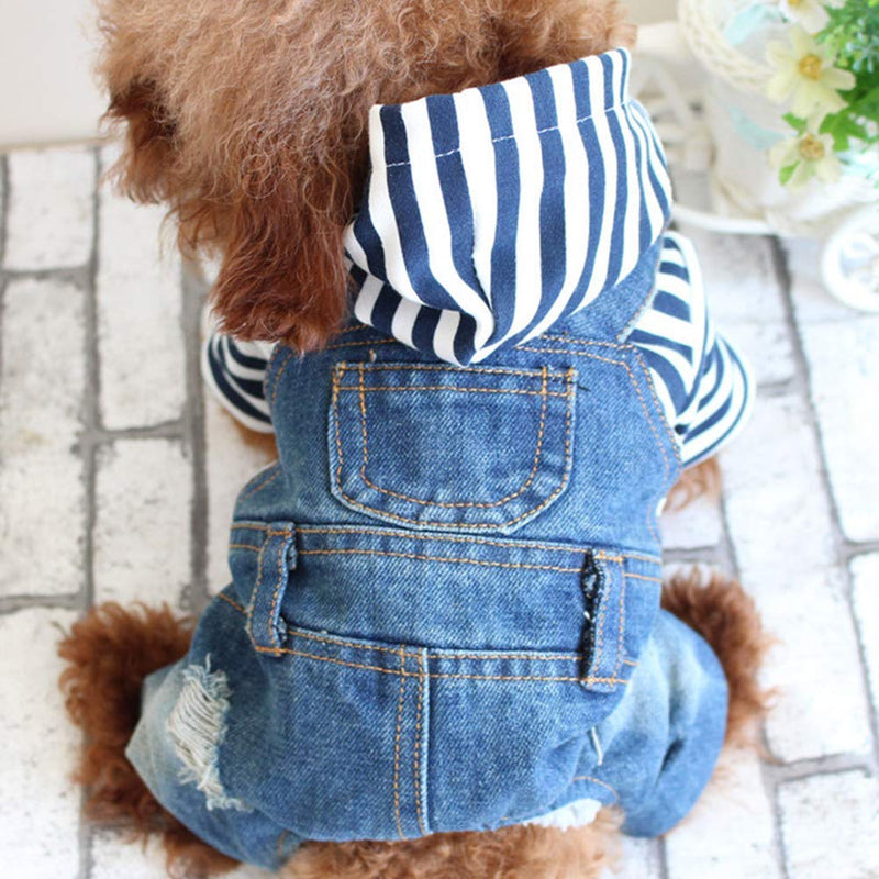 [Australia] - Tengzhi Denim Striped or Grid Pet Dog Jumpsuits Puppy Cat Hoodie Jean Coat Four Feet Clothes for Small Dogs Teddy Yorkies Sweatshirt Jeans Overalls M BLUE Striped 