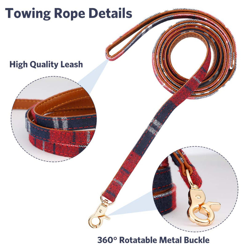 [Australia] - Bow Tie Dog Collar with Soft Leather Leash Set - Cute Adjustable Classic Plaid Puppy Bandana Collar with Bell, Fit for Small Dogs, Puppies and Cats Outdoor Walking 