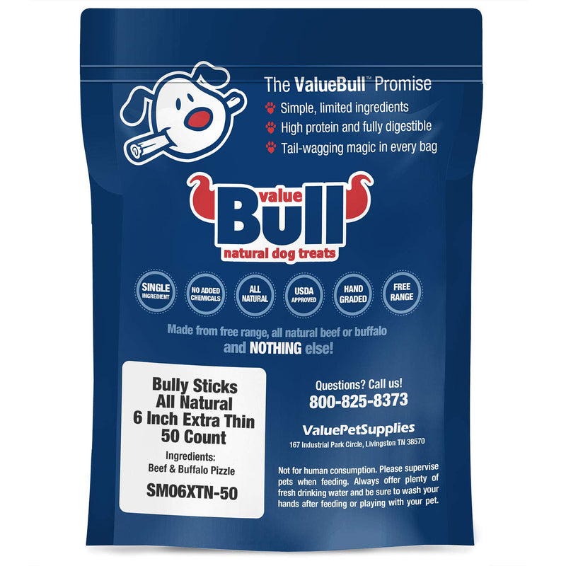 [Australia] - ValueBull Bully Sticks for Small Dogs, Extra Thin 6 Inch, 50 Count - All Natural Dog Treats, 100% Beef Pizzle, Single Ingredient Rawhide Alternative, Free Range, Grass Fed, Fully Digestible 