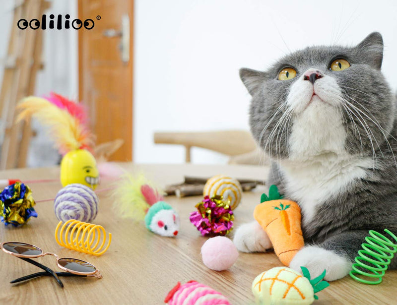 [Australia] - oolilioo 22 PCS Cat Toys, Kitten Interactive Toys Assortments Including Feather Wand, Cat Cool Glasses, Bell Balls, Fluffy Mice, Catnip Toys, Natural Chew Stick for Cat, Kitty 