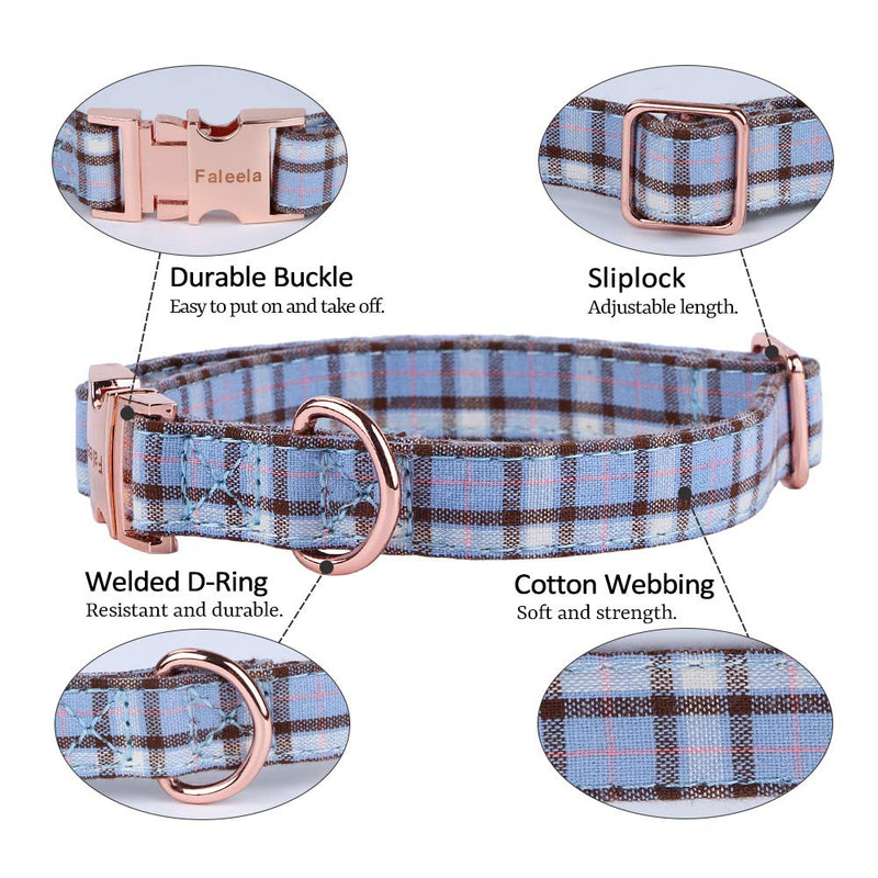 [Australia] - Faleela Dog Collar with Bow, Cotton & Webbing，Classic Plaid, Adjustable Dog Collars for Small Medium Large Dogs S Blue 