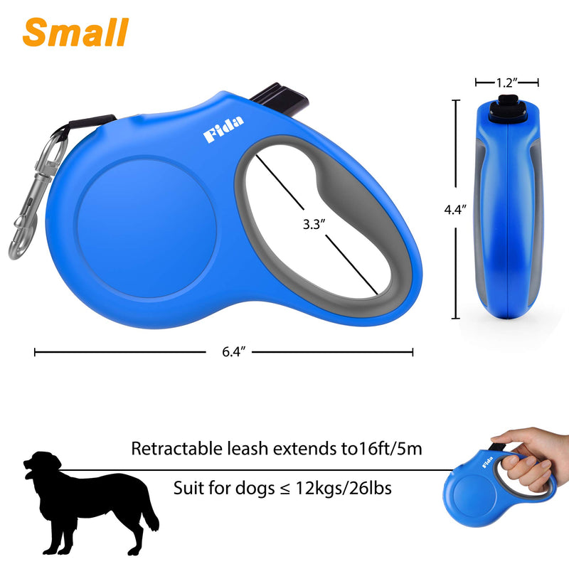 Fida Retractable Dog Leash with Dispenser and Poop Bags, 16 ft Pet Walking Leash for Small Dog or Cat up to 26 lbs, Anti-Slip Handle, Tangle Free, Reflective Nylon Tape (S, Blue) Small, 16ft - PawsPlanet Australia