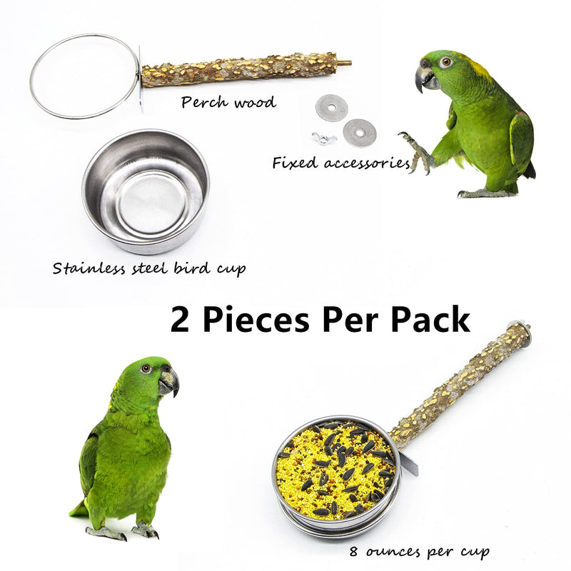TTEIOPI 2 Pack Bird Feeding Dish Cups,Hanging Stainless Steel Parrot Cage Feeder & Water Bowl with Natural Wood Perch Platform for Parakeet Cockatiels Lovebirds Budgie. - PawsPlanet Australia