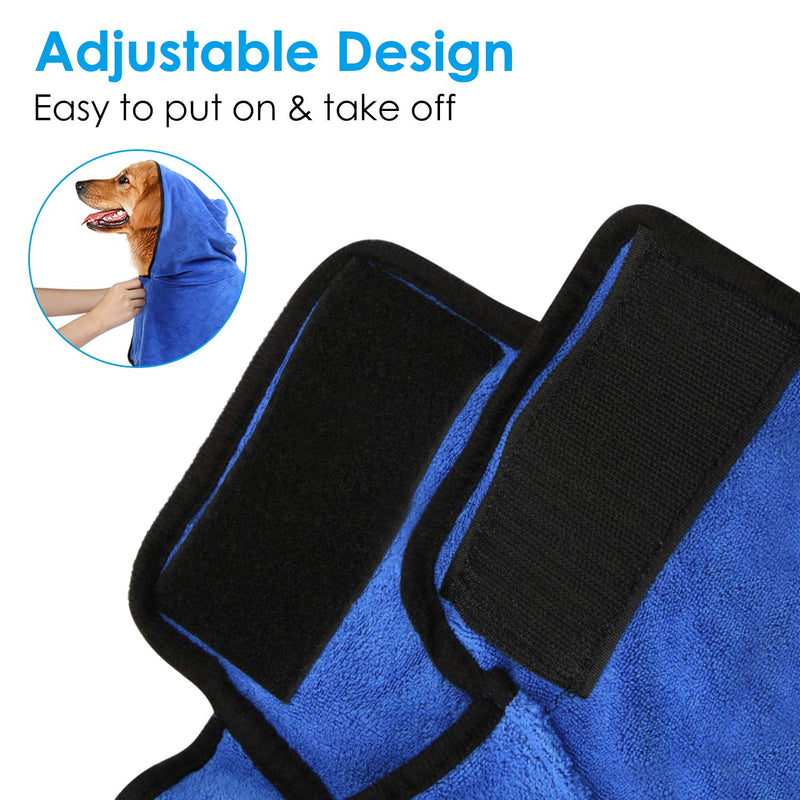 Zellar Dog Bathrobe Towel with Adjustable Strap Hood, Microfibre Fast Drying Super Absorbent Pet Dog Cat Bath Robe Towel for Drying Coats, Large, Blue L - PawsPlanet Australia