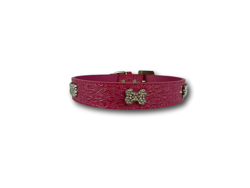 Cara Mia Dogwear Pink Crocodile PU Leather Diamante Bone Collar with Bone Charm (Small) Small - PawsPlanet Australia