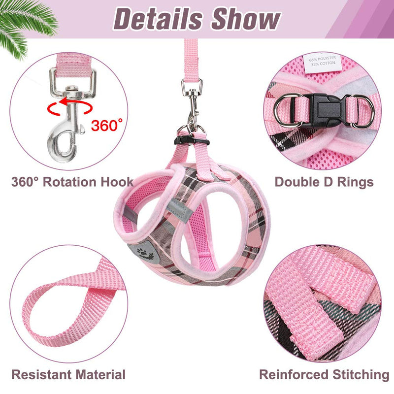 PUPTECK Escape Proof Cat Harness and Leash Set for Medium and Large Kitten Kitties with Classic Plaid Pattern, Breathable and Soft for Outdoor Walking Adjustable Chest Strap, Pink M: Chest: 13-15" - PawsPlanet Australia