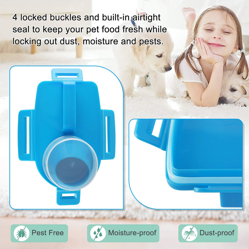 Yicostar Pet Food Storage Container, Airtight Small Dog Food Container Cat Food Container with Measuring Cup, Upgraded Large Pour Spout and 4 Seal Buckles Food Dispenser for Pets Food and Birds Seed Blue - PawsPlanet Australia