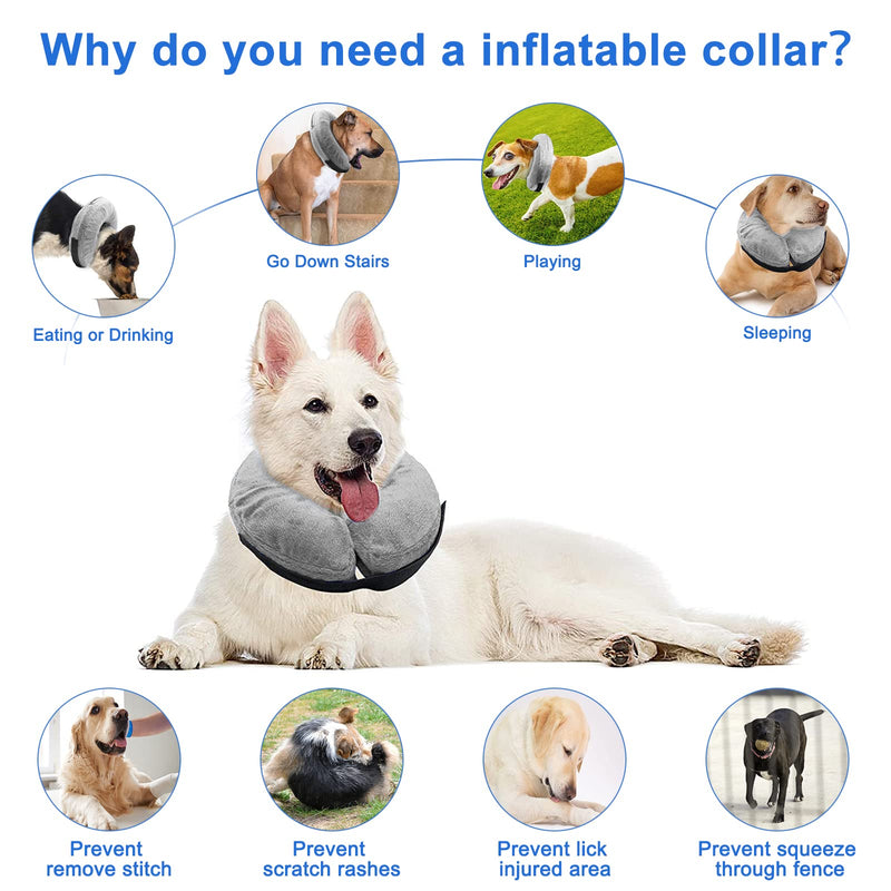 AKOFIC Protective Inflatable Dog Collar, Inflatable Collar for Pet Dog Cat Soft Adjustable Comfortable with Velcro Fastener, Protective Collar Prevent Dogs From Touching Stitches L for Medium Dogs (Neck Circumference: 38-50cm) Grey - PawsPlanet Australia