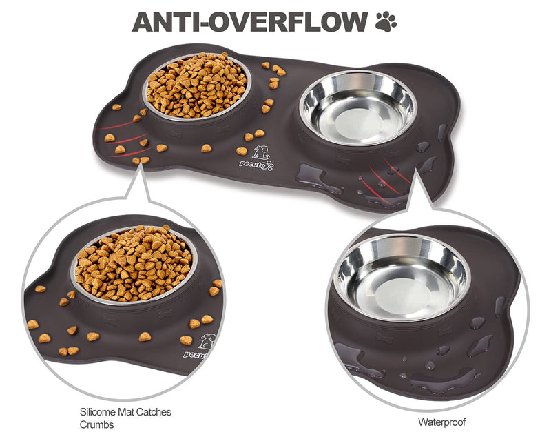 pecute Dog Bowls Non Slip, Stainless Steel Double Bowls Set with Non-Spill Silicone Mats Tray for Cats Puppies Small Dogs Water Food Feeding (14oz Each Bowl, Brown) M(400ml/bowl) Chocolate - PawsPlanet Australia
