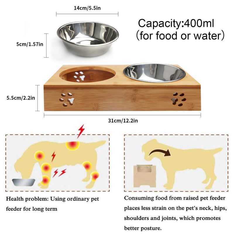 O'woda Raised Double Stainless Steel Pet Bowls with Bamboo Tray, Non-skid & Non-spill Design, Feeding Bowl and Water Feeder |14cm Bowl| Bamboo Elevated - PawsPlanet Australia