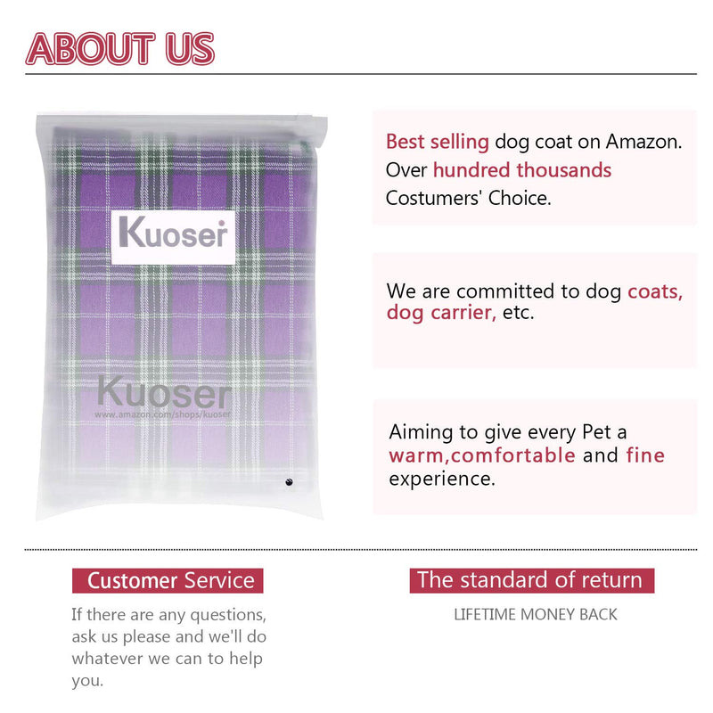 Kuoser Cozy Waterproof Windproof Reversible British Style Plaid Dog Vest Winter Coat Warm Dog Apparel for Cold Weather Dog Jacket for Small Medium Large Dogs with Furry Collar (XS - 3XL) XS(Chest:11.8-14.6", Body: 9.8") Purple - PawsPlanet Australia