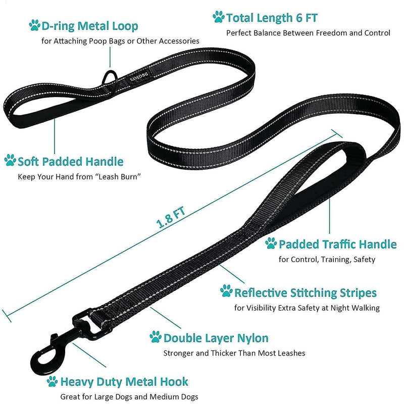 Dog Leash 6ft Long - Traffic Padded Two Handle - Heavy Duty - Double Handles Lead for Training Control - 2 Handle Nylon Leashes for Large Dogs or Medium Dogs - Reflective Leash Dual Handle (Black) - PawsPlanet Australia