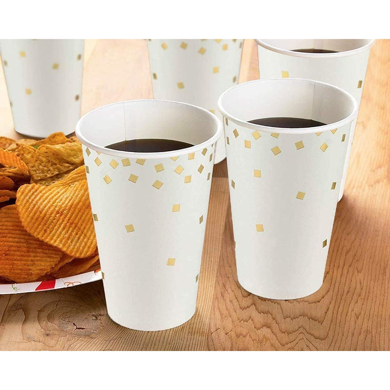 Confetti Party Paper Cups - 50 Pack Gold Foil Disposable Paper Cups, Party Supplies and Decorations for Kids Birthday, Wedding, Bachelorette Party, Baby Shower, White and Gold, 12 Ounce - PawsPlanet Australia