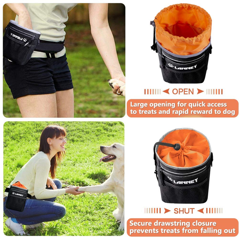 [Australia] - LANNEY Dog Treat Pouch Pet Training Bag for Small to Large Dogs, Treat Tote Carry Kibble Snacks Toys for Training Reward Walking, Metal Clip, Waist Belt, Shoulder Strap, Poop Bag Dispenser Pouch(Black with Orange)+Clicker+Bowl 