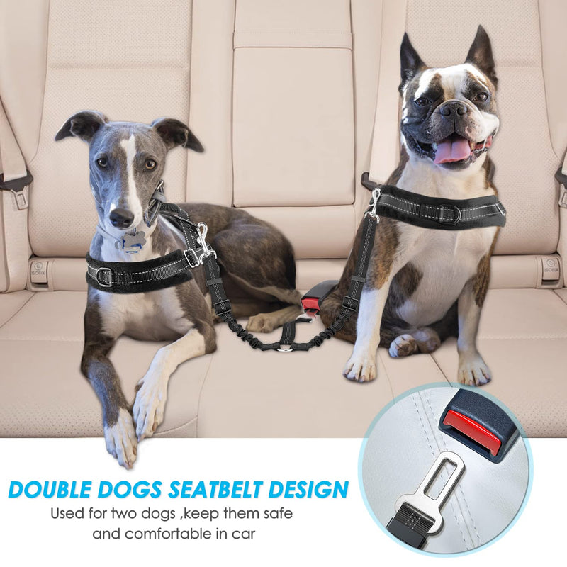 SlowTon Double Dog Car Seat Belt, Dual Dog Seatbelt Vehicle Safety Leash Adjustable with Shock Absorbing Bungee, Reflective Two Dog Lead Splitter Coupler for Pet Car Trip Travel Black - PawsPlanet Australia