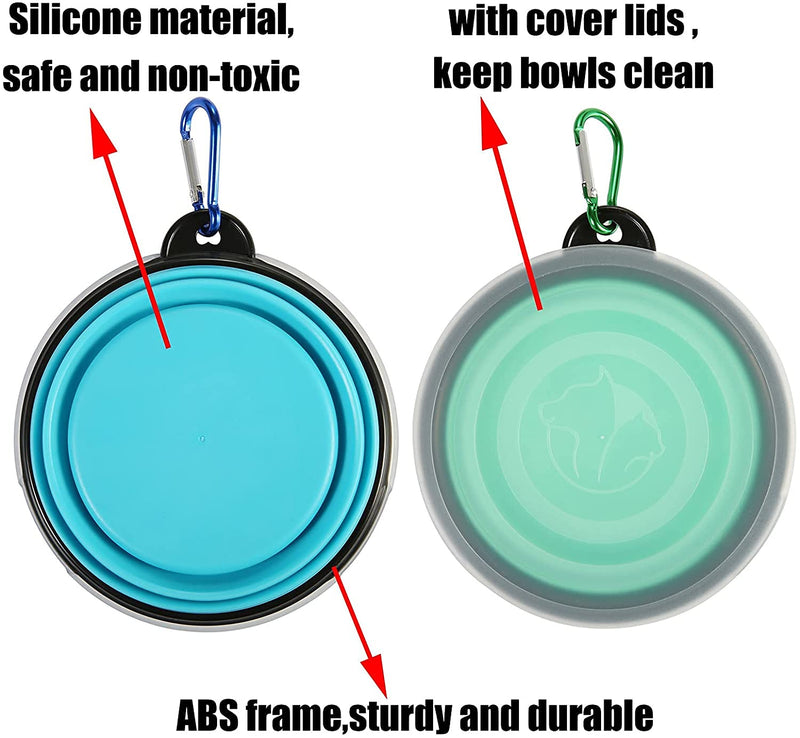 SLSON Collapsible Dog Bowls 2 Pack Dog Travel Bowl with Lid and Carabiners Pet Feeding Water Bowl Porable Dog Feeder for Waling, Travellling and Daily Use, Light Blue and Light Green - PawsPlanet Australia