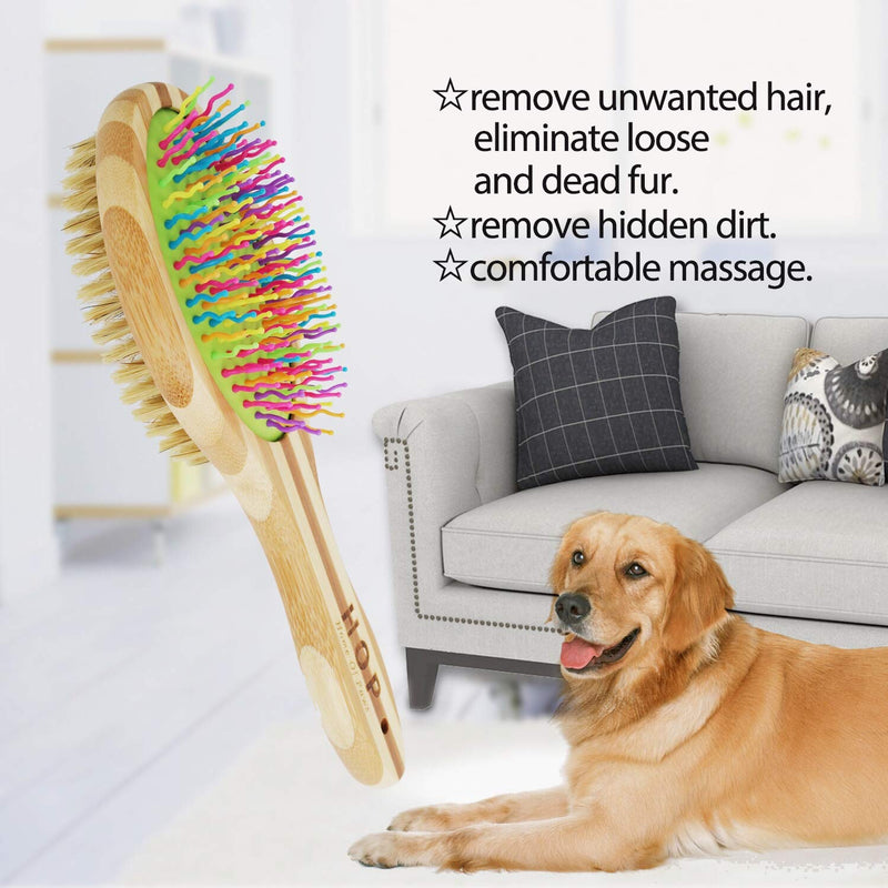 [Australia] - HOP Home of Paws Dog Brush for Grooming & Massaging Dogs, Cats & Other Animals – Fur Detangling Pins & Coat Smoothing Slicker Bristles, Natural Bamboo Double Side 