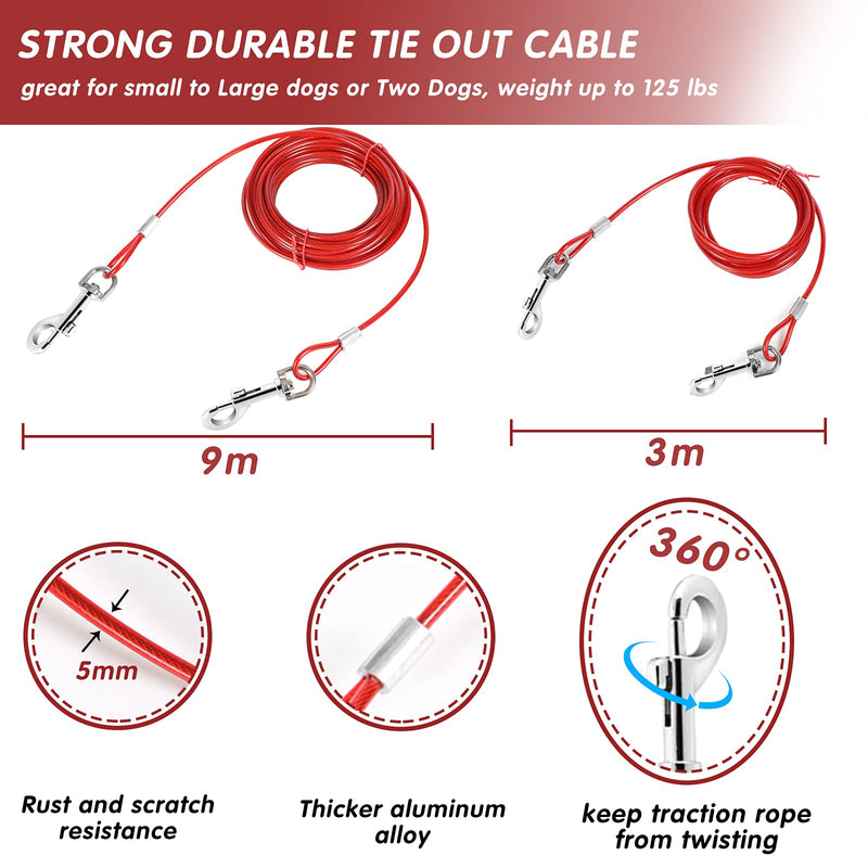 TRAVEL BUS Dog Tie Out Cable and Stake - 3Pack 30ft+10ft Anti-Escape Steel Wire Leash and Heavy Anti-Rust Spiral Dog Yard Stake Sets, for Small Medium Large Dogs Up to 125lbs Camping or Backyard - PawsPlanet Australia