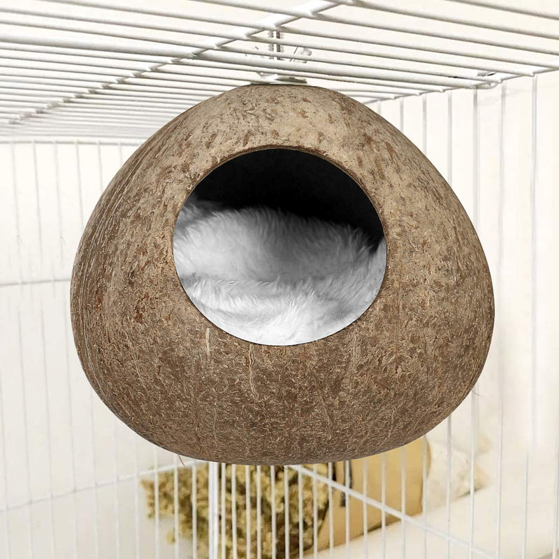 POPETPOP Natural Coconut Shell Bird House Small Animal Hideout Hut Sleeping Breeding Nest for Dwarf Hamster Parakeet Budgie Bird Cage Toy - PawsPlanet Australia