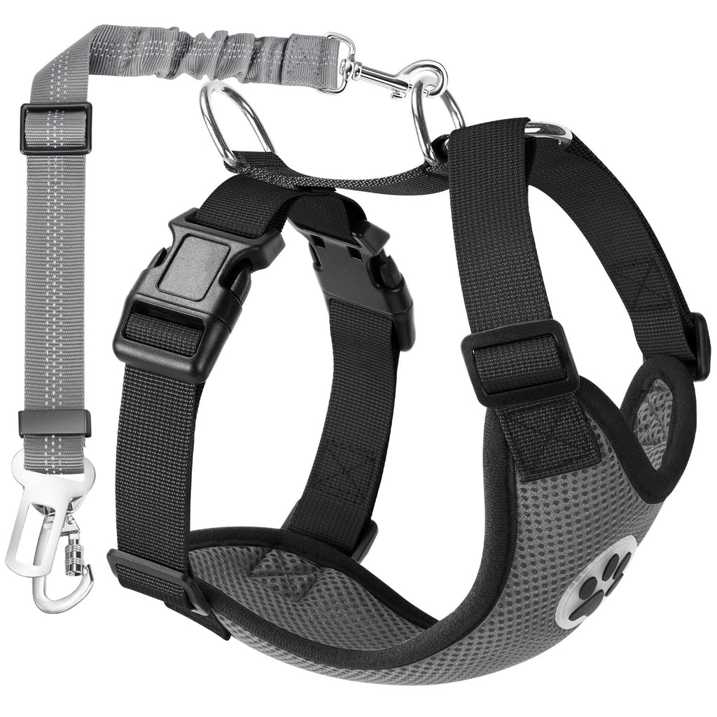 SlowTon Dog Harness with Seat Belt for Car, Breathable Harness Dog, Seat Belt with 2 Carabiner Hooks for Attaching to Seat Belt Buckle or Trunk (Grey, M) B-Grey - PawsPlanet Australia