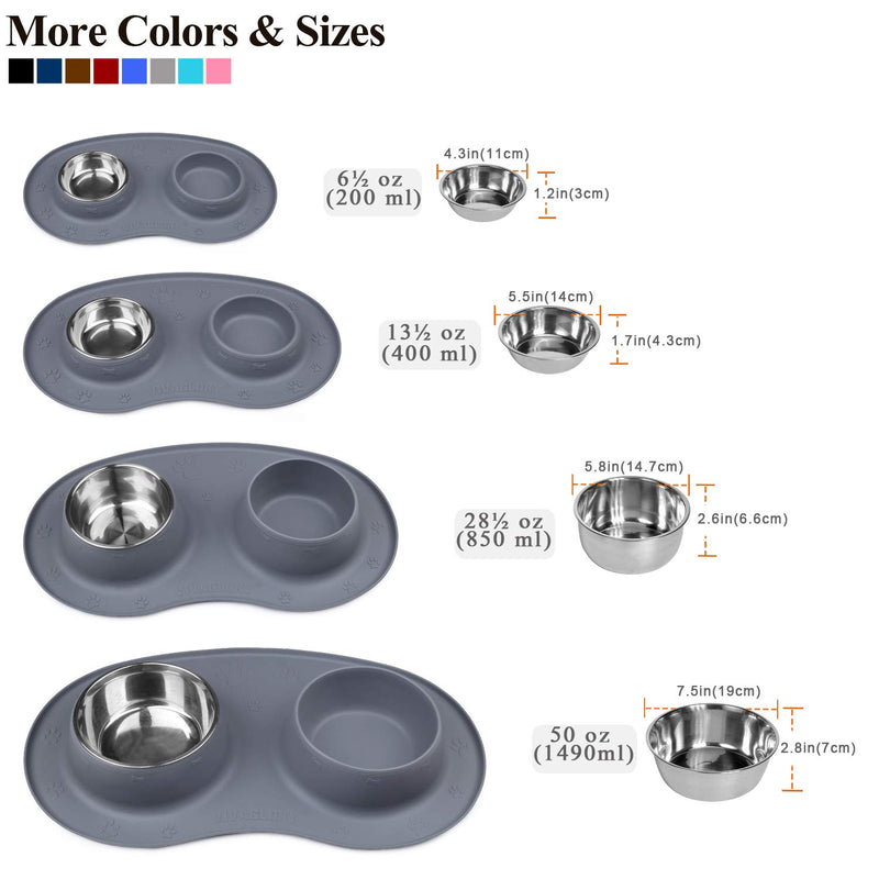 Vivaglory Dog Bowls Set with Double Stainless Steel Feeder Bowls and Wider Non Skid Spill Proof Silicone Mat for Cats Puppies Dogs 6½ oz ea. Grey - PawsPlanet Australia