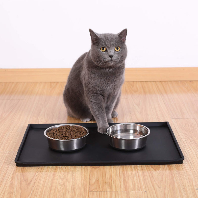 Hiado Dog Bowl Mat Small (19x12), Large (24x16), Raised Edges Non Skid Spill Proof with Lip Waterproof Silicone for The Floor S: 19"x12" Black - PawsPlanet Australia