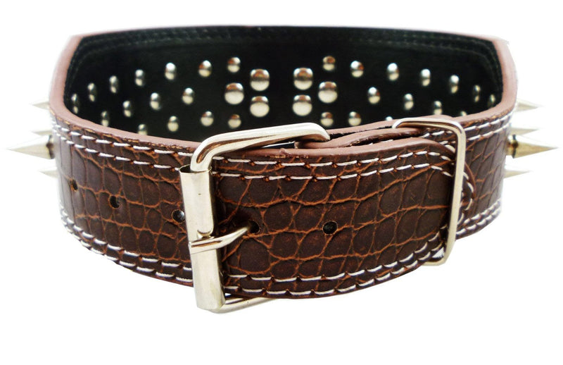 [Australia] - Dogs Kingdom Faux Croc Leather Spiked Dog Collar 3" Wide, 40 Large Spikes Pet Supplies L Brown 