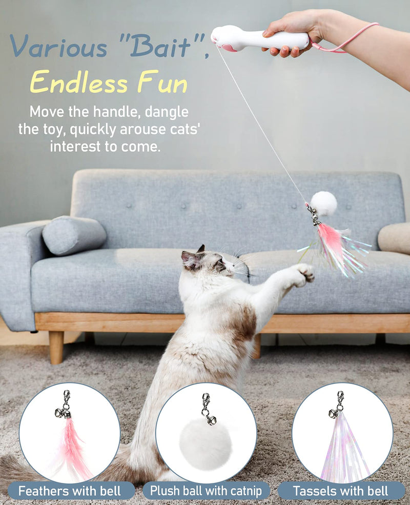 Pawaboo Cat Feather Teaser Toy, Retractable Cat Wand Toys Interactive Teaser Cat Toys for Indoor Cats Kitten Interactive Training, Fun Cat Playing Toy with 3 Replacement Accessories WhitePink - PawsPlanet Australia