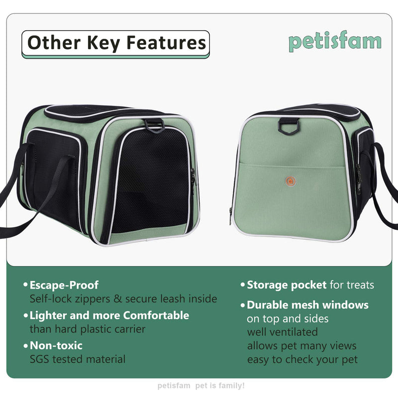 petisfam Pet Carrier for Medium Cats and Small Dogs with Washable Cozy Bed, 3 Doors and Shoulder Strap. Easy to get cat in, Easy to Storage and Escape Proof Light Green - PawsPlanet Australia