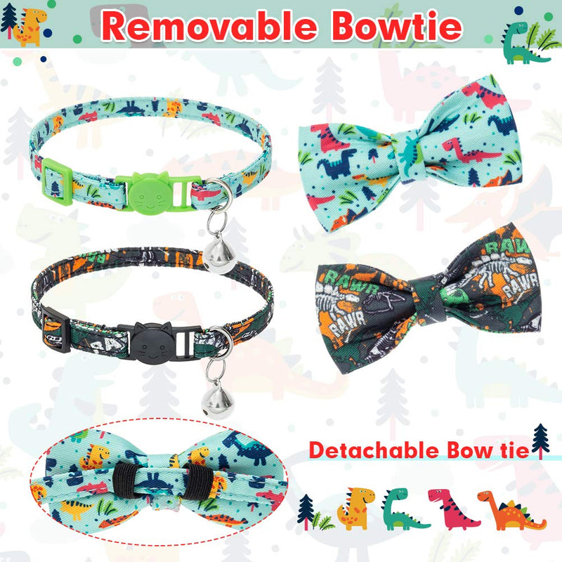 [Australia] - PUPTECK Bow Tie Cat Collar with Bell - Cute Dinosaur Pattern Cat Breakaway Collars for Kitten, Safety Fashion Kitty Accessories Necklace with Snap Buckle - 2 Pack 