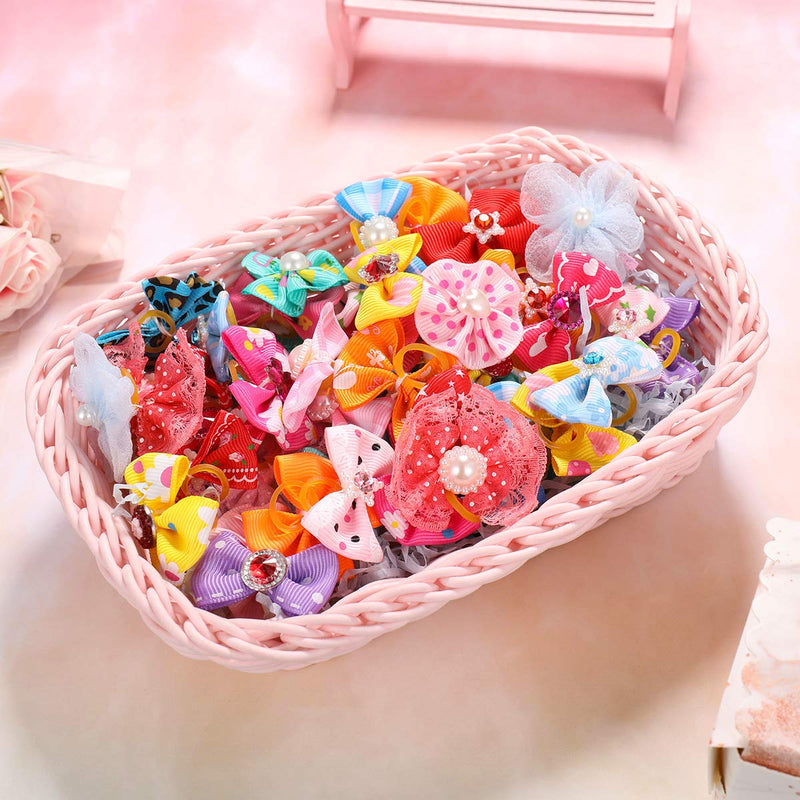 POPETPOP 50pcs Dog Bows with Rubber Bands-Pet Cat Dog Hair Bows Multicolor Rhinestone Beads Flowers Topknot Puppy Bows(Mixed Color) - PawsPlanet Australia