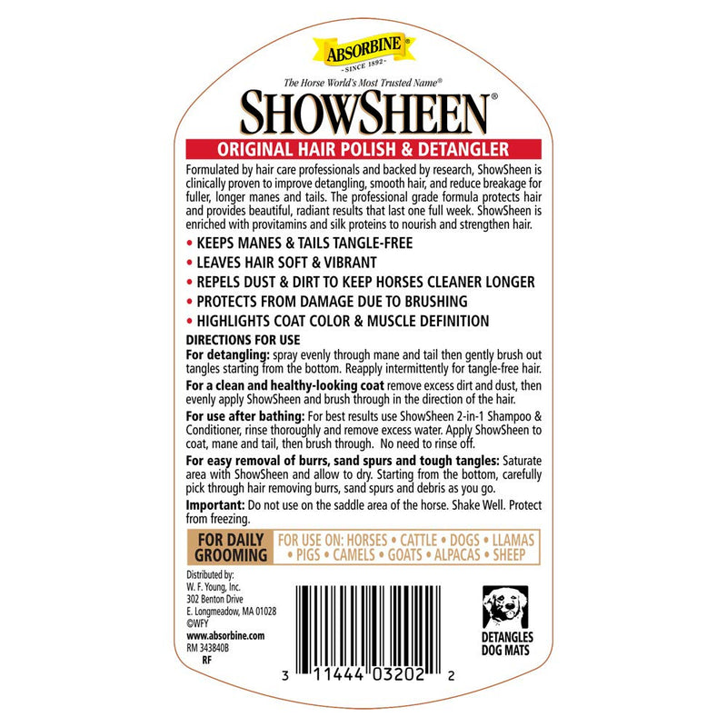 Absorbine ShowSheen Hair Polish & Detangler for Mane, Tail & Coat, Healthy Hair Growth & Radiant Shine, 32oz Refill Bottle - PawsPlanet Australia