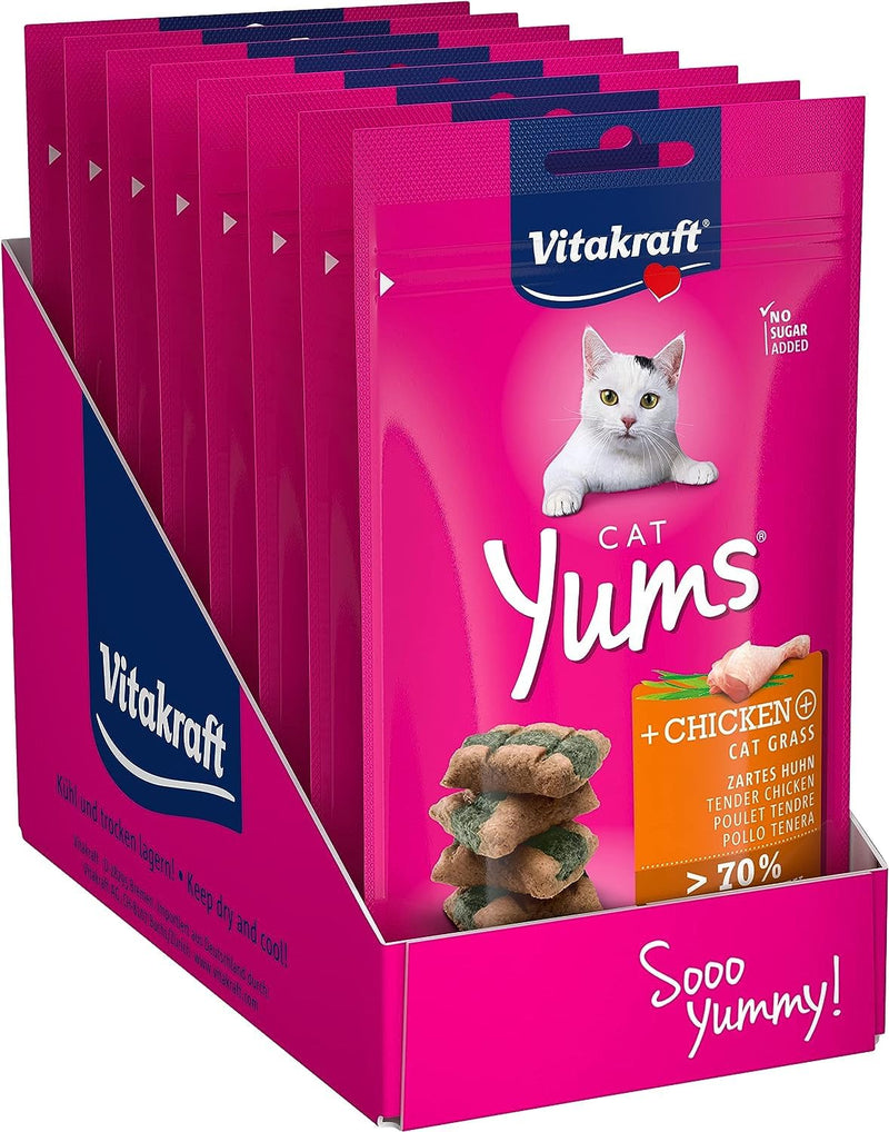 Vitakraft Cat Yums, cat snack, with tender chicken, with cat grass, extra meaty, with visible filling, in a resealable bag, in storage size (9x 40g) - PawsPlanet Australia