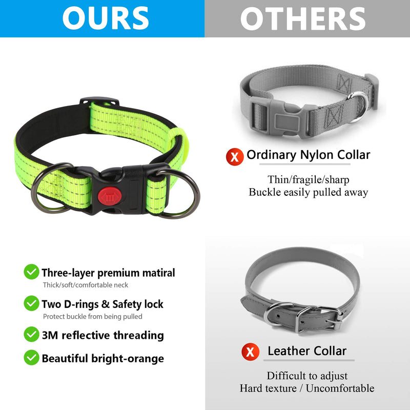 Reflective Dog Collar with Safety Locking Buckle，Heavy Duty Adjustable Thick Collar for Medium Large Dogs-Premium Nylon and Soft Padded (M, 11.8-15.7'') Medium/11.8-15.7'' Bright Green - PawsPlanet Australia