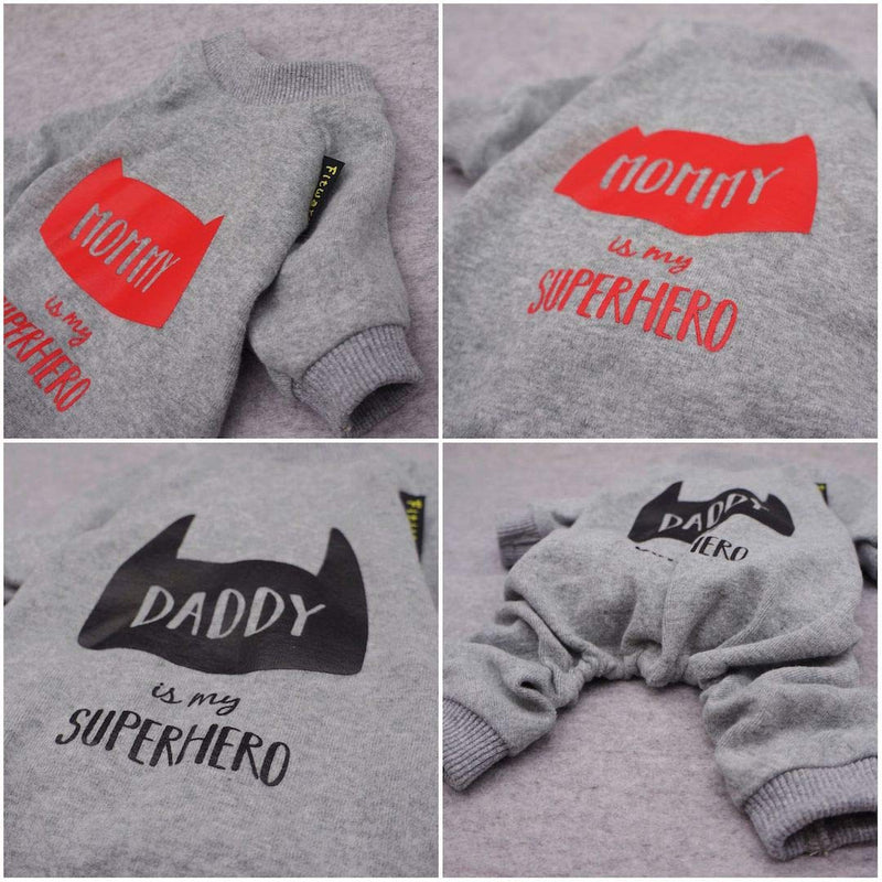 [Australia] - Fitwarm Dog Clothes 2-Pack Daddy Mommy is My Superhero Pet Clothes for Dog Pajamas Onesies Cat Jumpsuits PJS Cotton Grey XS 