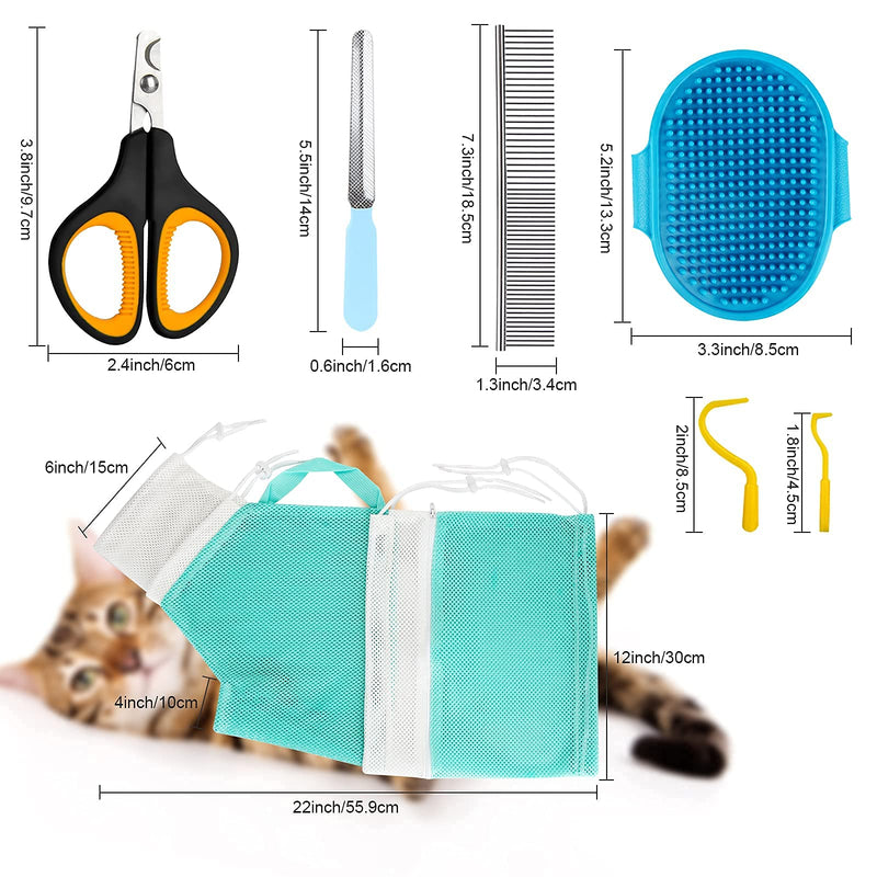 Cat Bag for Bathing 8 PCS Set with Cat Shower Net Bag Adjustable Pet Grooming Brush Nail Clipper Nail File Hair Combs Tick Tool Nail Caps, Nail Trimming Bath Cleaning Supplies Kit for Cats & Dogs Green - PawsPlanet Australia