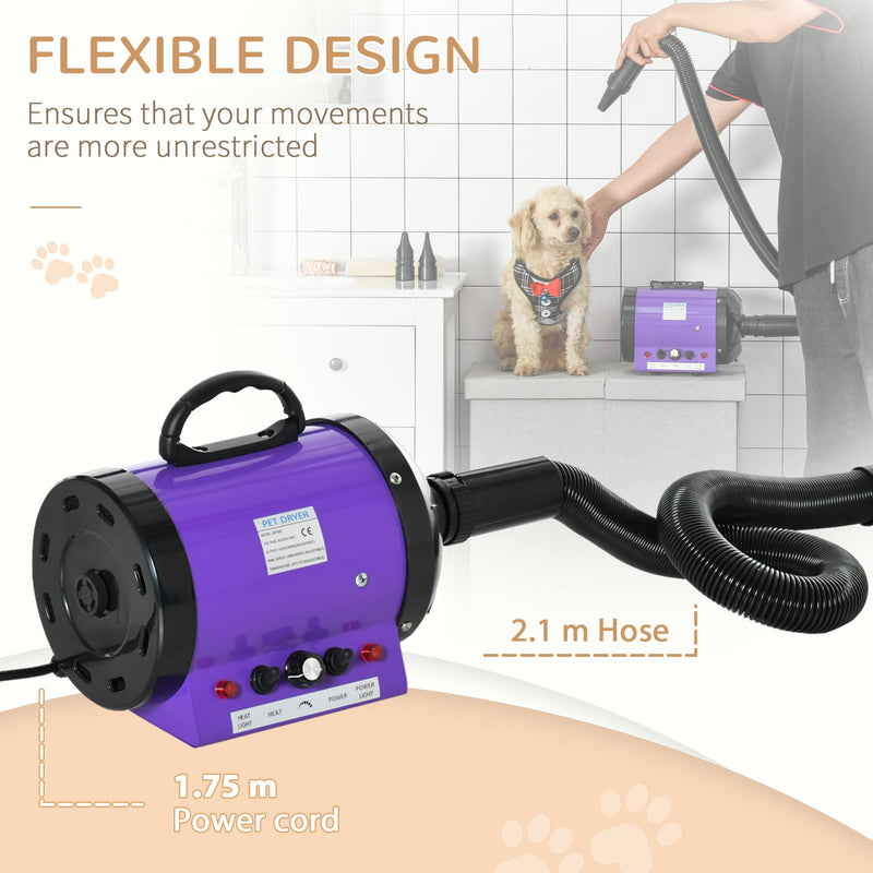 PawHut 2800W Dog Dryer Blaster Pet Grooming Hair Dryer Car Motorcycle Blower Adjustable Temperature Speed with 2.1M Flexible Hose 3 Nozzles - Purple - PawsPlanet Australia