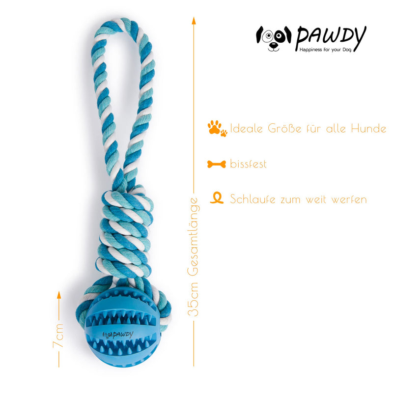 PAWDY dog rope with ball for fun and dental care - Robust dog toy for medium & large dogs - Chew toy with nubs made of natural rubber - Ball rope throwing toy for dogs (blue) Blue - PawsPlanet Australia