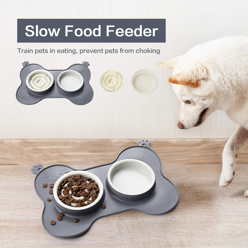 HOISTAC Small pet Dog Double Bowls with mat ,Slow Feeder Puppy Dog Bowl,Water and Food Feeder Bowls for Small Sized Dog,cat,Puppy, 2 Dog Bowls No Spill Non-Skid Silicone Mat ,Gray. - PawsPlanet Australia