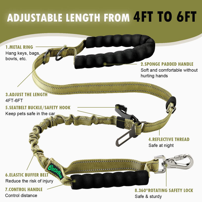 CetleBva 6Ft /4Ft Heavy Duty Bungee Dog Leash with 2 Comfortable Padded Handles for Medium & Large Breed Dogs,No Pull for Shock Absorption with Car Seat Belt,Reflective Walking Lead for Training Army Green - PawsPlanet Australia